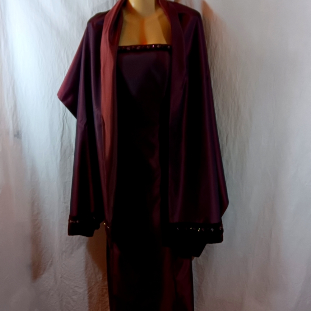 Ann Taylor Loft Womens 12 Satin Dress Burgundy Red Midi Bead Trim w/Wrap Holiday